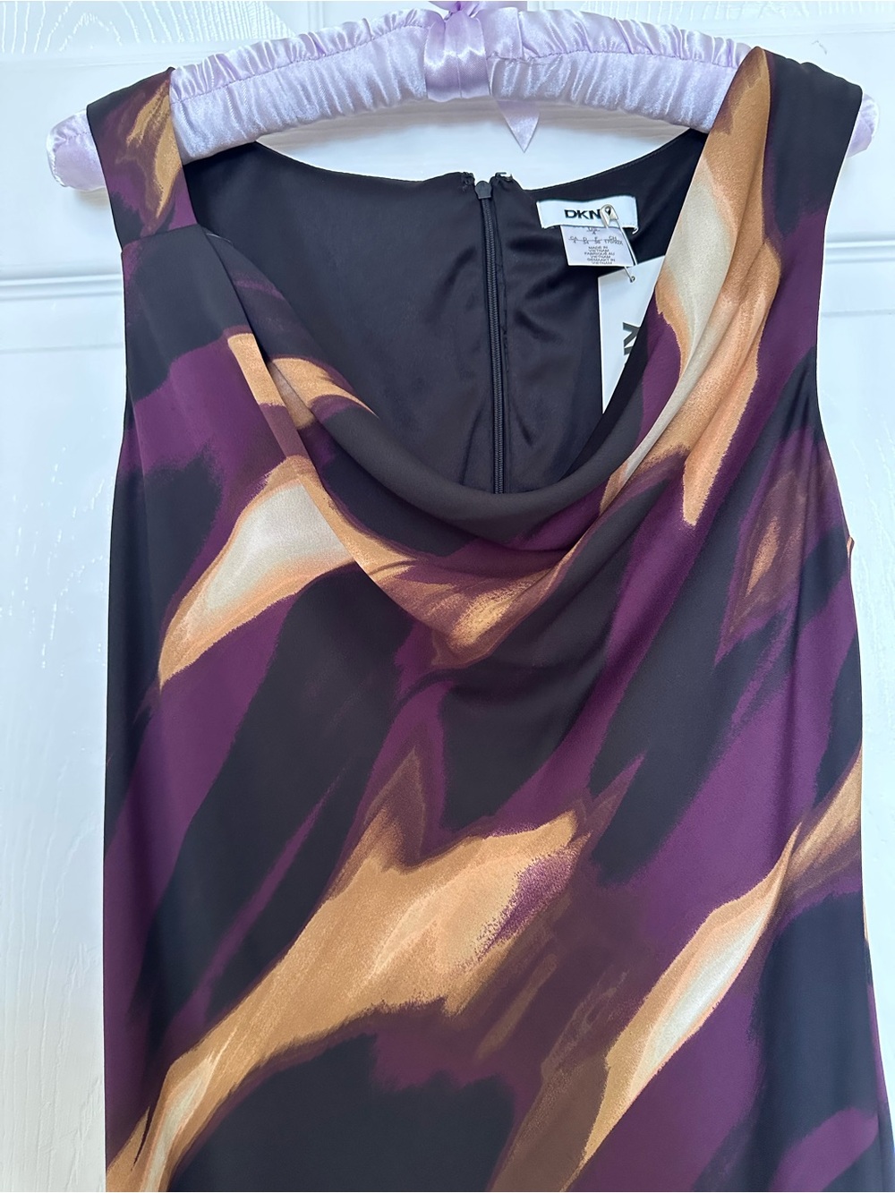 DKNY Strapless Cowl Neck Dress - Purple & Gold Abstract Print